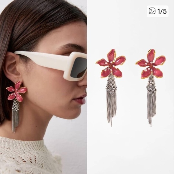 Zara Jewelry - NWTS ZARA Womens Red Floral Rhinestone Tassel Dangle Statement Earrings